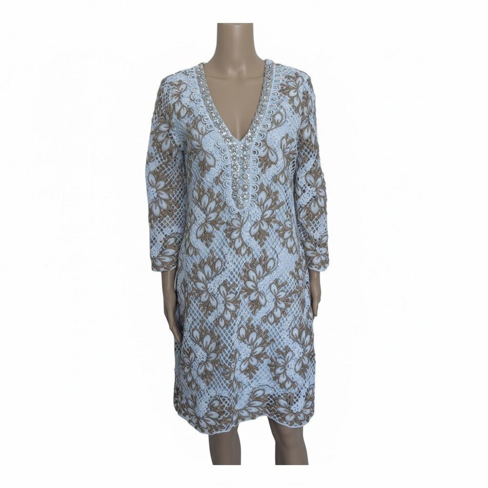 Boston Proper Embellished Lace Sheath Dress - White/Gold, Size M